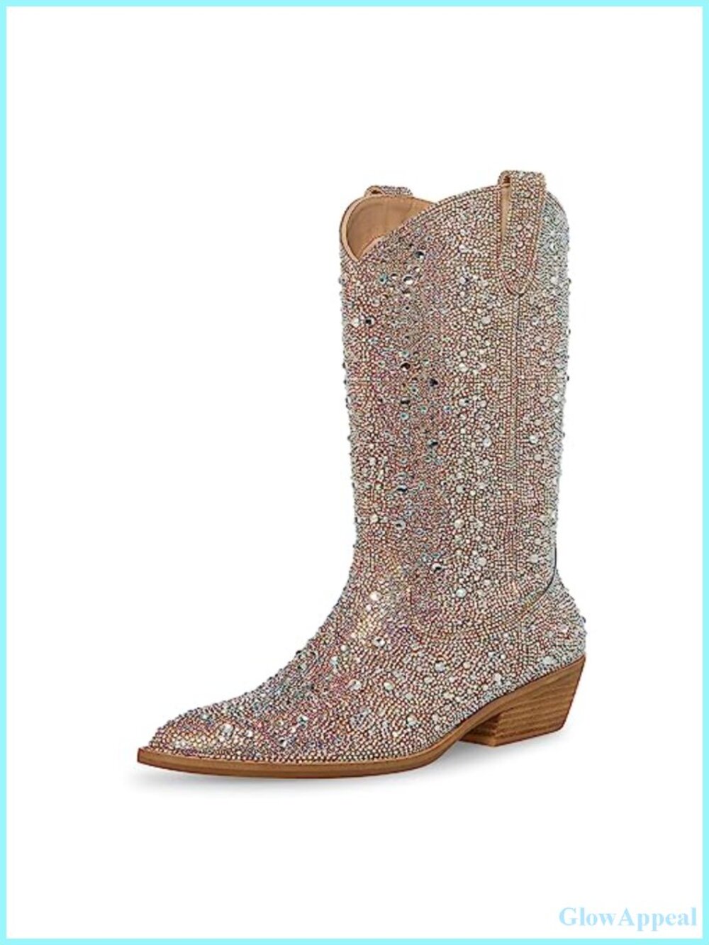 Mid-Calf Western Bootie Pointed Toe Blush Multi Rhinestone Pull-On